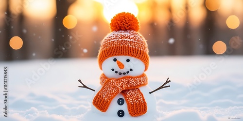 Winter holiday christmas background banner - Closeup of cute funny laughing snowman with wool hat and scarf, on snowy snow snowscape with bokeh lights, illuminated by the sun