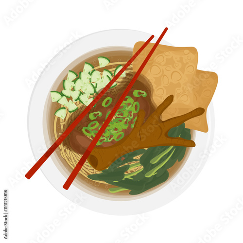 Vector Illustration Logo Clipart Top View mie ayam ceker or  indonesian chicken noodles soup 