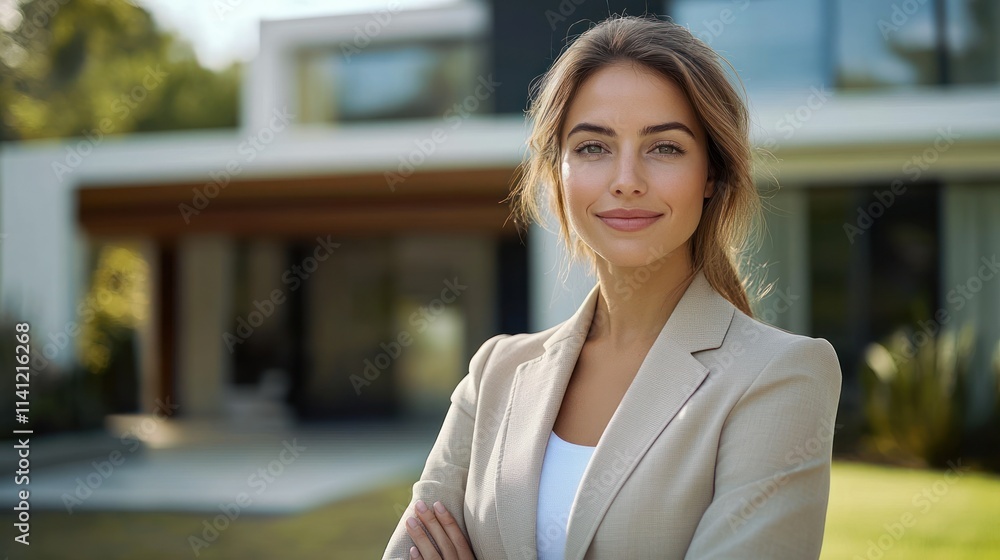Confident Real Estate Agent Woman Poses Outside Modern Suburban Home Ready to Assist Buyers Confident Real Estate Agent Woman Poses Outside Modern Suburban Home Ready to Assist Buyers