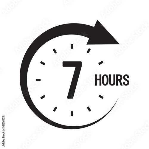 Seven hours icon. Bold 7 text. Circular clock symbol. Countdown timer graphic.