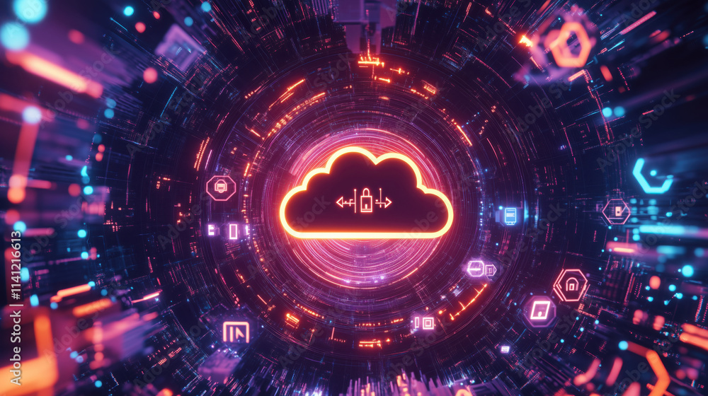 Obraz premium Glowing Cloud Icon in Circular Data Flow Network with Surrounding Tech Icons