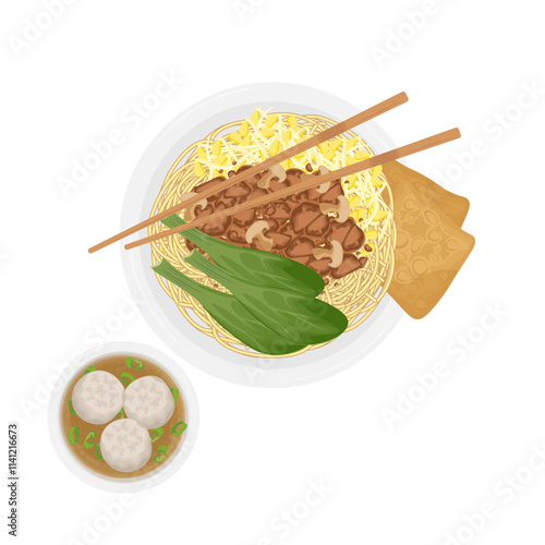 Vector Illustration Logo Clipart Top View Mie ayam Bangka or Indonesian Chicken noodles soup with bakso Kuah
