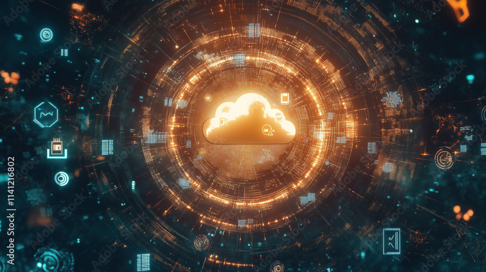 Obraz premium Glowing Cloud Icon in Circular Data Flow Network with Surrounding Tech Icons