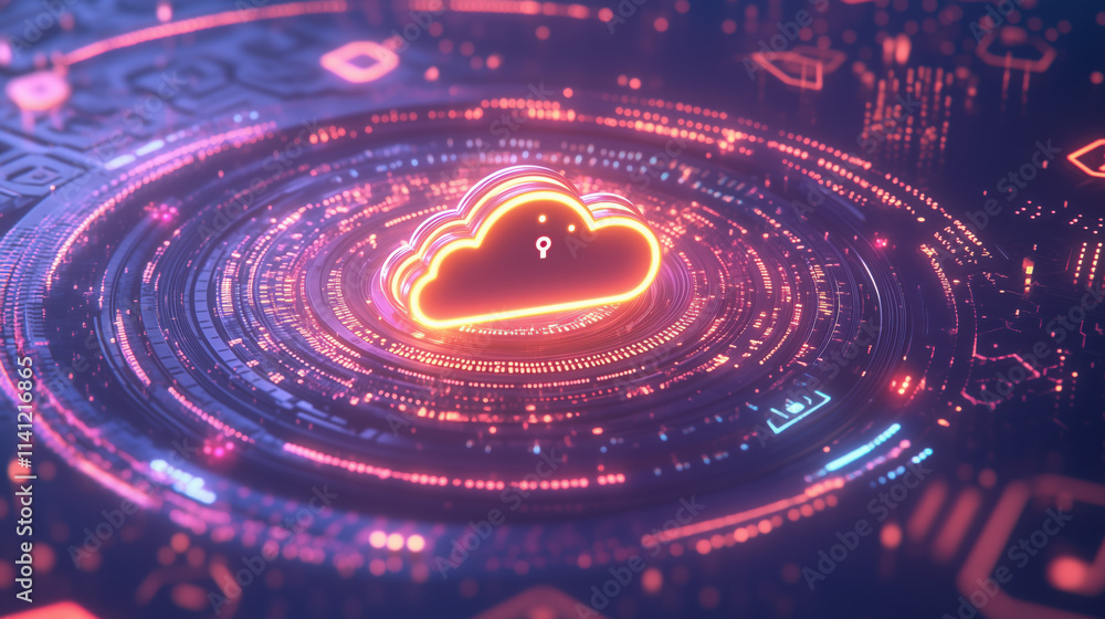 Glowing Cloud Icon in Circular Data Flow Network with Surrounding Tech Icons Glowing Cloud Icon in Circular Data Flow Network with Surrounding Tech Icons