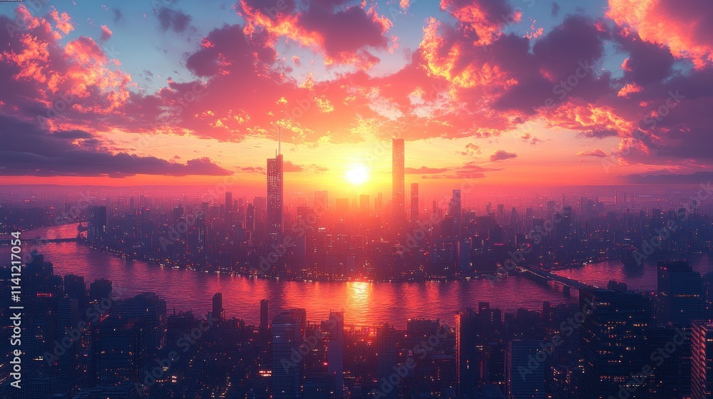 Fototapeta premium Urban Cityscape at Sunset Illustration with Skyscrapers and Vibrant Skyline