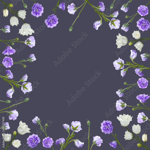 Square frame of lilac and white bells on a purple background