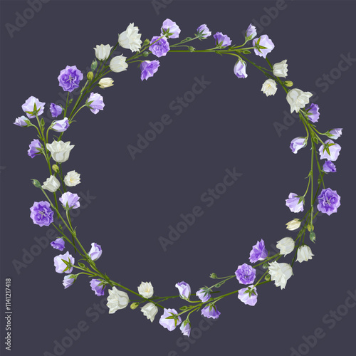 Wreath of lilac and white bells on a purple background