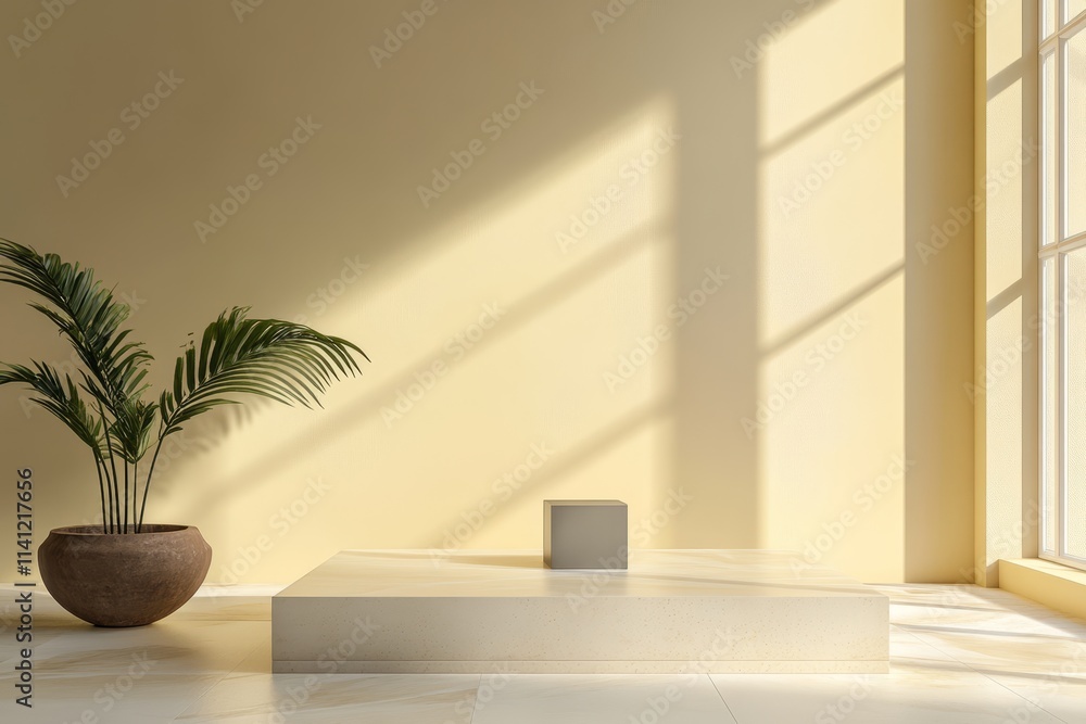 Minimalist room with sunlight, plant, and platform. Minimalist room with sunlight, plant, and platform.