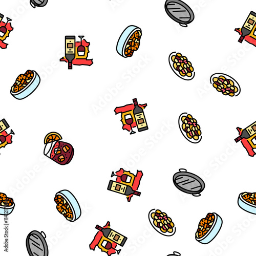spanish cuisine food paella tapas vector seamless pattern thin line illustration