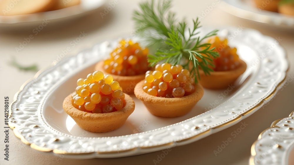 A high-end appetizer of caviar on crackers with dill garnish A high-end appetizer of caviar on crackers with dill garnish
