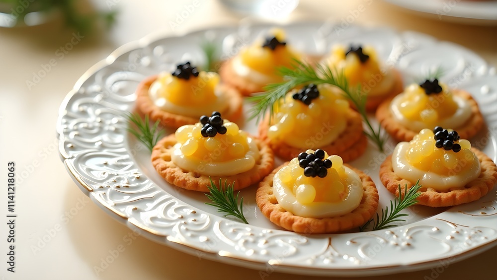 A high-end appetizer of caviar on crackers with dill garnish A high-end appetizer of caviar on crackers with dill garnish