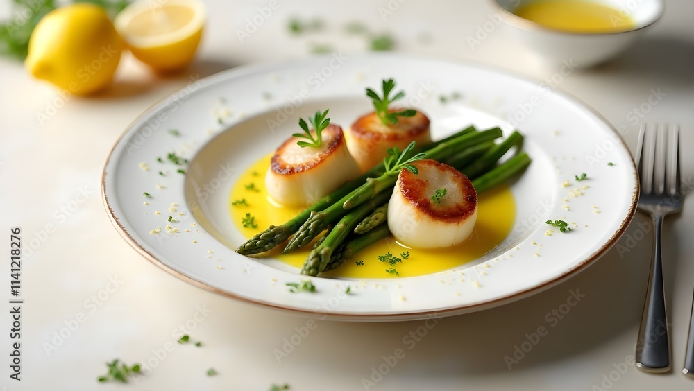 A gourmet dish featuring seared scallops with asparagus and lemon butter sauce A gourmet dish featuring seared scallops with asparagus and lemon butter sauce
