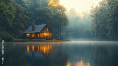 Lakeside Cabin Serenity in Impressionist Style Beautiful Natural Scenery with Trees and Mountains