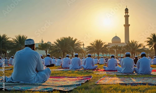Muslim men praying outdoors at sunset, with a mosque in the background.