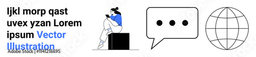 Person sitting and reading a book, alongside a speech bubble with three dots and a globe illustration. Ideal for communication, education, global connectivity, online learning, digital media, content