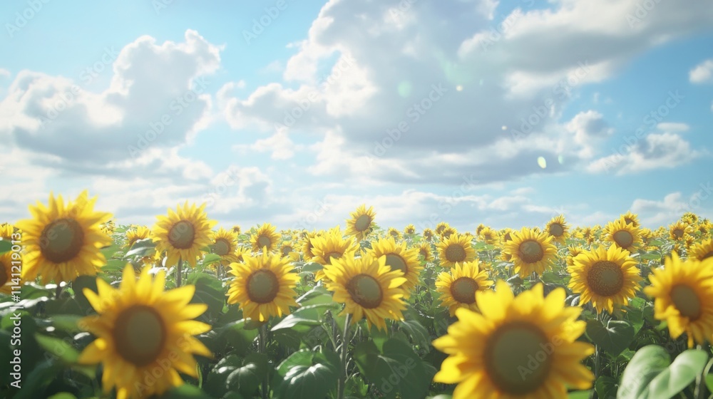 Vibrant sunflowers bask in bright sunlight under a partly cloudy sky. Vibrant sunflowers bask in bright sunlight under a partly cloudy sky.