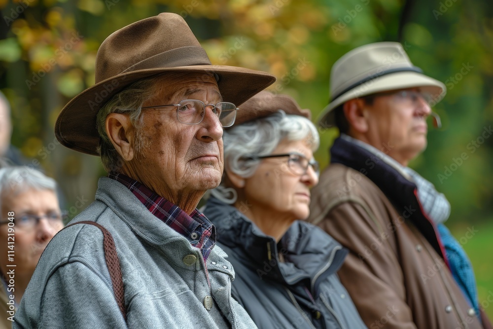 Portrait of an old man in a hat with his family in the park Portrait of an old man in a hat with his family in the park