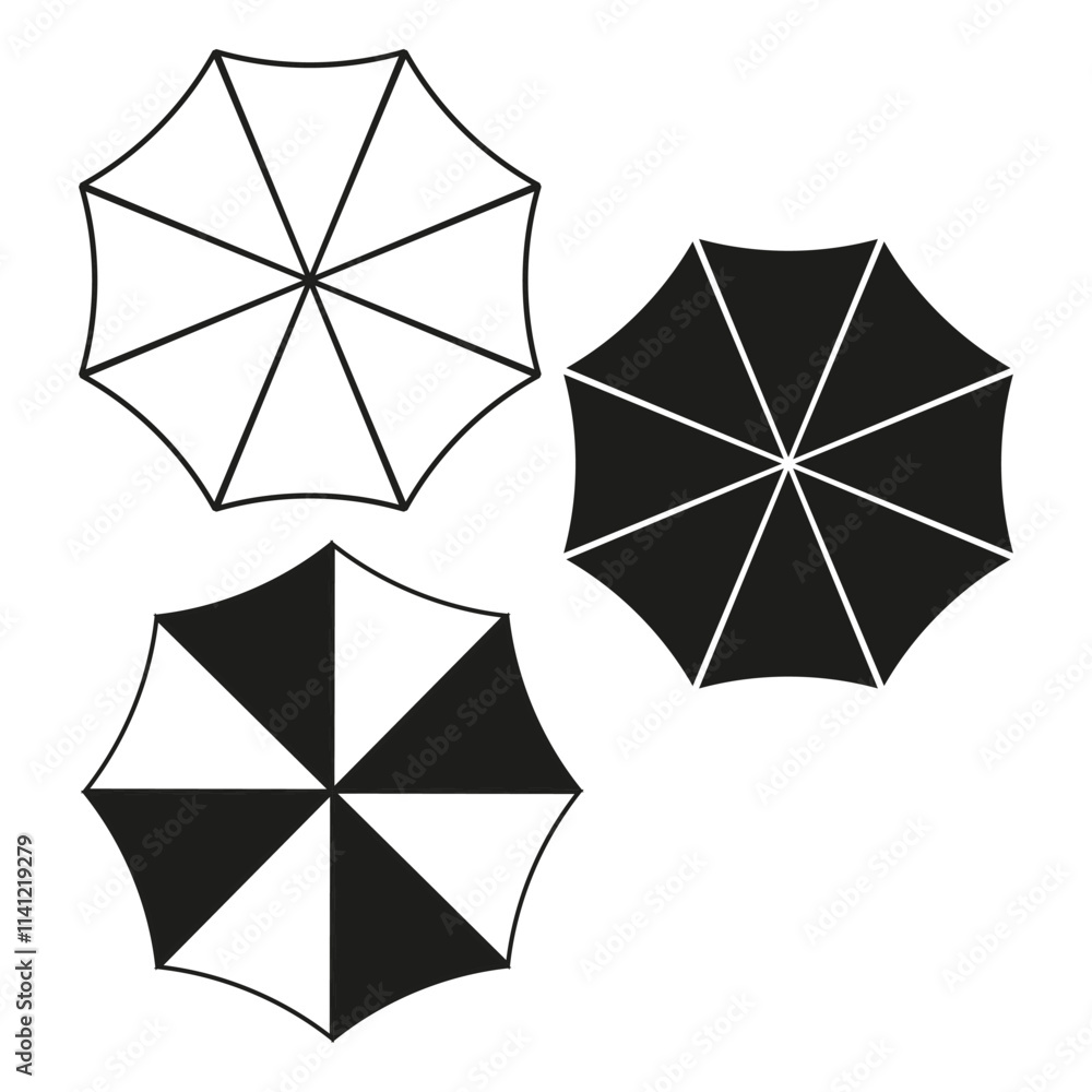 Abstract umbrella icons. Black and white shapes. Vector umbrella designs. Geometric umbrella patterns. Abstract umbrella icons. Black and white shapes. Vector umbrella designs. Geometric umbrella patterns.