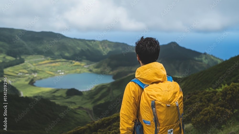 Man with Backpack Views Serene Mountain Lake Man with Backpack Views Serene Mountain Lake
