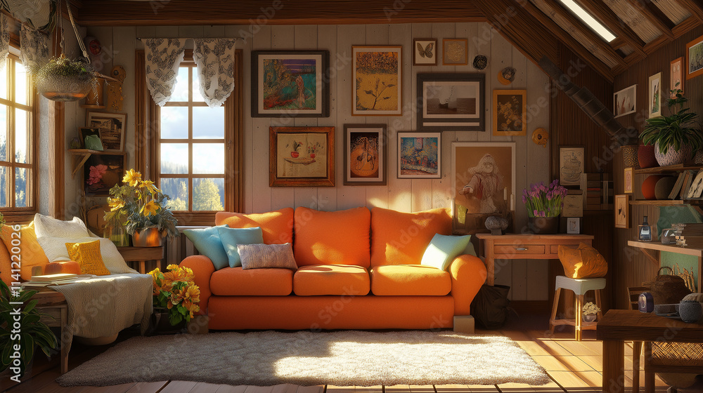 A cozy 3D living room with 2D pictures on the walls animating with movement A cozy 3D living room with 2D pictures on the walls animating with movement