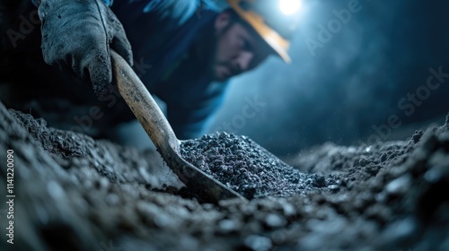 Life beneath earth: a mine worker focused on excavation in a subterranean environment showcasing the hard work, persistence, and skill involved in the mining profession. photo