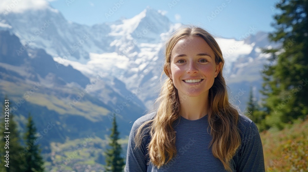 Young Woman Smiles Against Majestic Mountain Range Young Woman Smiles Against Majestic Mountain Range