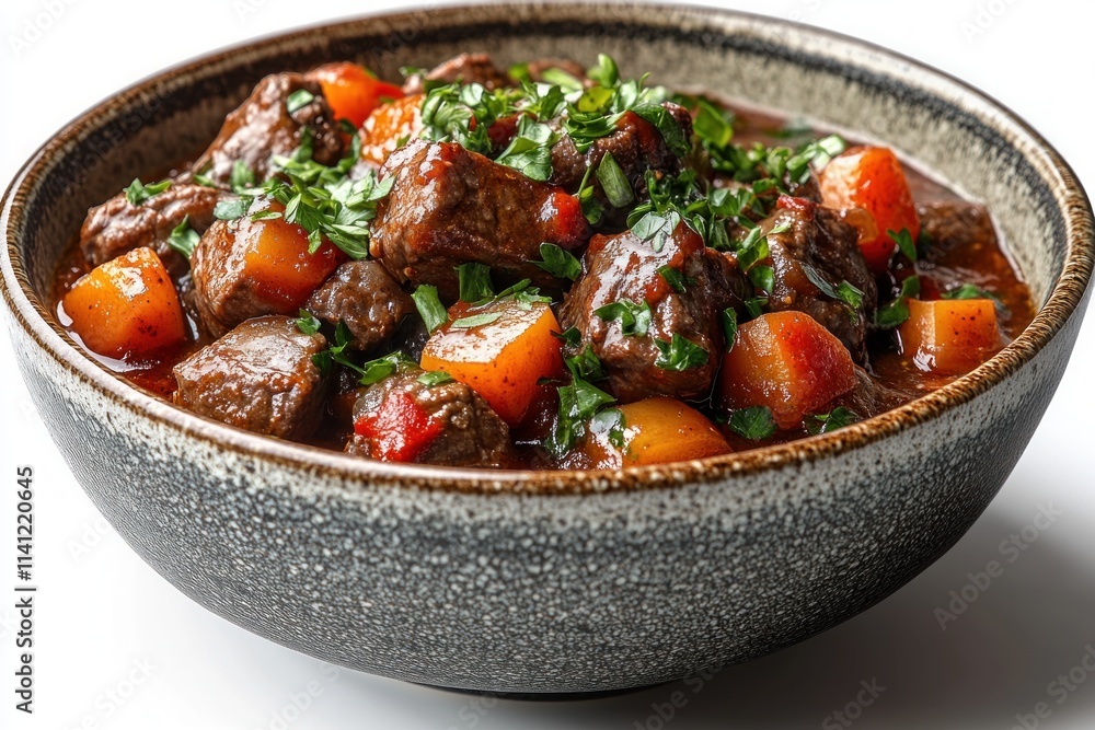 Beef Stew with Vegetables in Modern Minimalist Bowl Isolated on White Background Beef Stew with Vegetables in Modern Minimalist Bowl Isolated on White Background