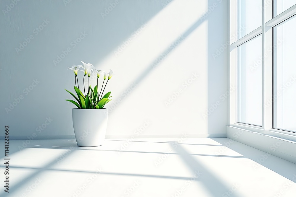 Bright Modern Interior with White Flower Arrangement in Pot Near Sunlit Window Highlighting Minimalist Aesthetic and Natural Light in Contemporary Design Bright Modern Interior with White Flower Arrangement in Pot Near Sunlit Window Highlighting Minimalist Aesthetic and Natural Light in Contemporary Design