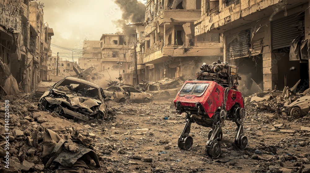 Obraz premium Robotic dog delivering supplies in a war-torn urban landscape action-packed scene technology in crisis environment futuristic perspective