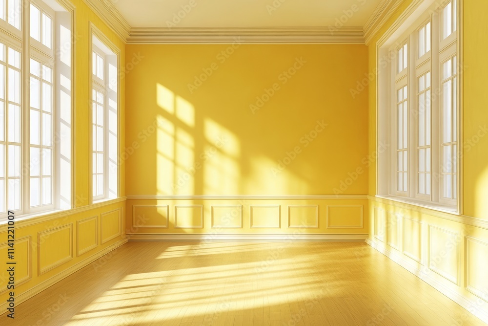 Obraz premium Sunlit empty room with yellow walls, wood floor, and large windows.