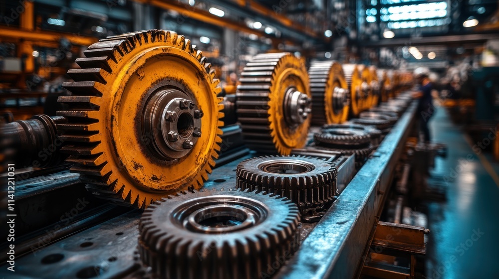 Fototapeta premium A factory assembly line featuring large gears and machinery components.