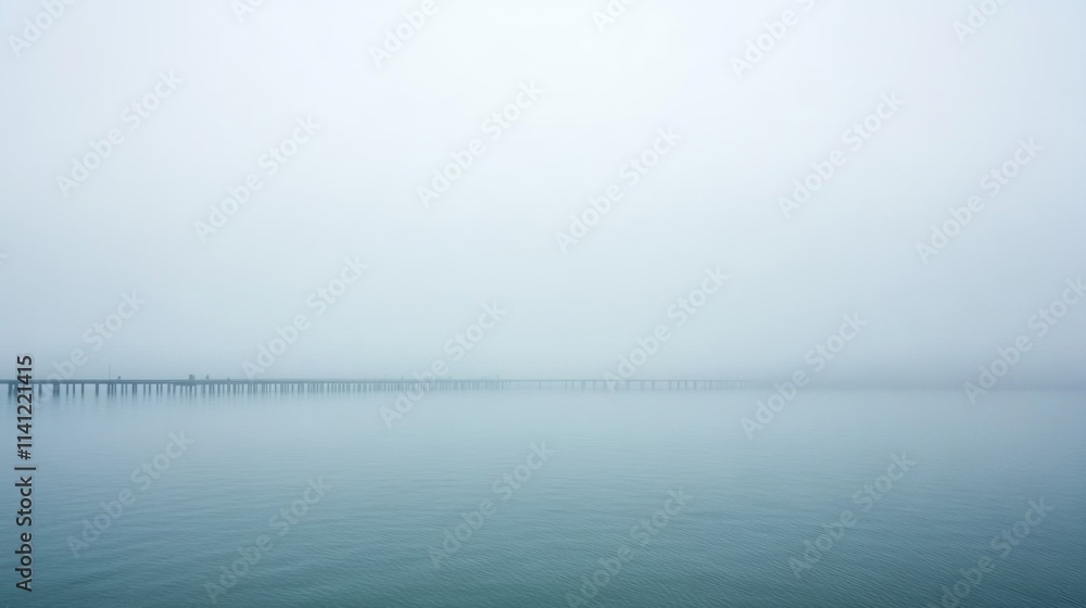 Misty morning view of a long bridge over calm water. Misty morning view of a long bridge over calm water.