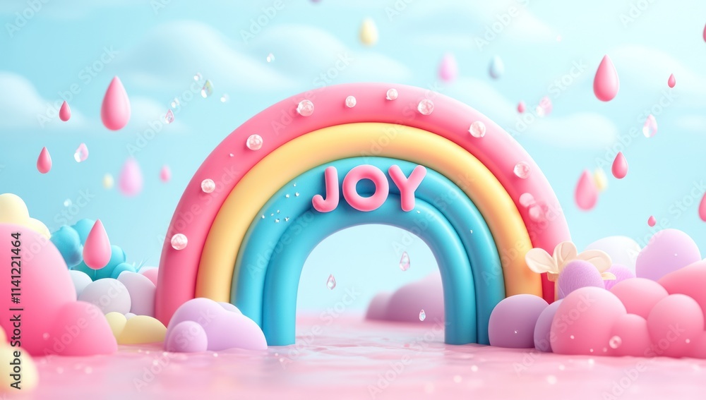 Joyful Rainbow with 3D Text and Clouds
