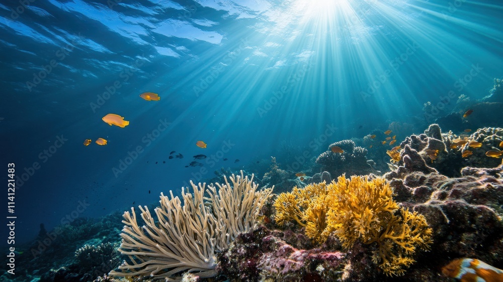 Fototapeta premium Sunlit Underwater Coral Reef Scene With Fish