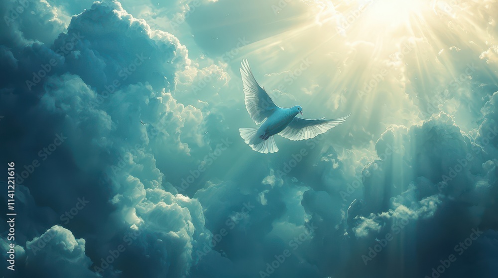 Obraz premium Serene Dove Soaring Through Heavenly Cloudscape
