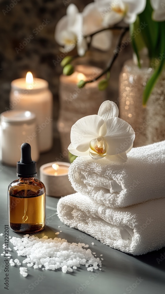 Tranquil spa setting with towels, essential oil, bath salts, floral accents, and serene candlelight creating a relaxing atmosphere for wellness Tranquil spa setting with towels, essential oil, bath salts, floral accents, and serene candlelight creating a relaxing atmosphere for wellness