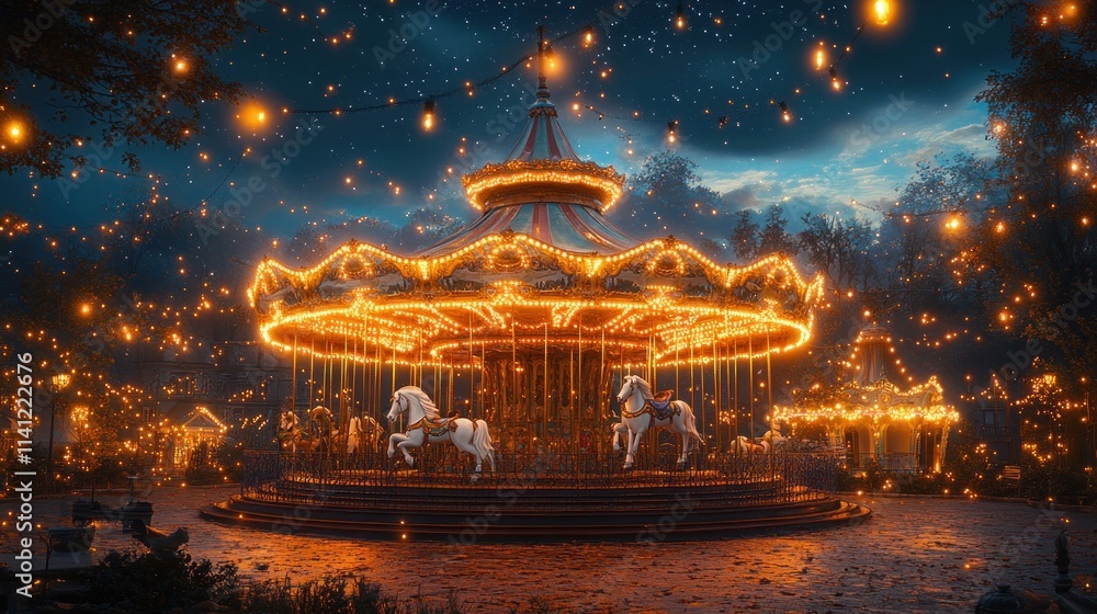 Fototapeta premium Whimsical Carousel Night Scene with Majestic White Horse and Fairy Lights