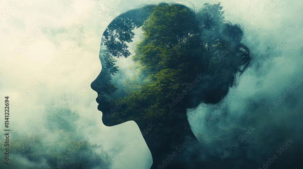 Human Silhouette with Lush Green Forests and Serene Landscape Background Symbolizing Inner Peace and Tranquility Human Silhouette with Lush Green Forests and Serene Landscape Background Symbolizing Inner Peace and Tranquility