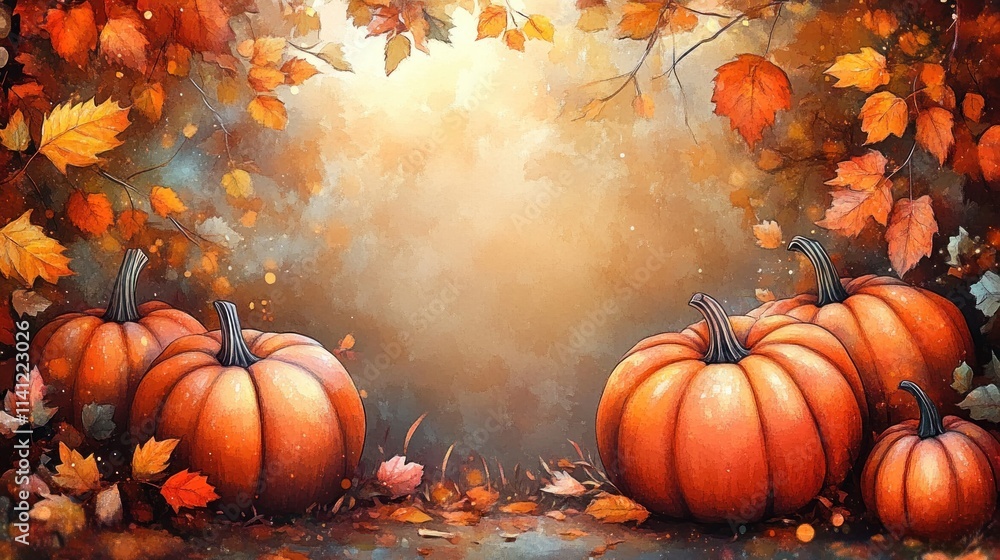 Autumn Scene with Pumpkins and Colorful Leaves Cozy Harvest Design Autumn Scene with Pumpkins and Colorful Leaves Cozy Harvest Design