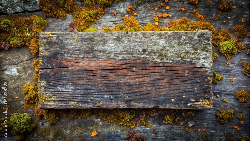 Weathered Wooden Plank on Mossy Surface A Rustic Texture Weathered Wooden Plank on Mossy Surface A Rustic Texture