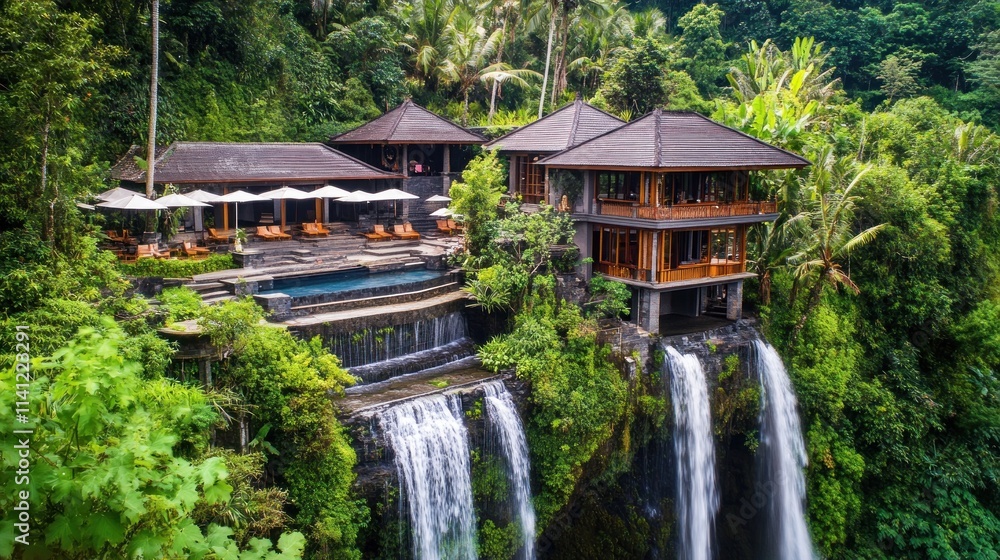 Tropical Resort Waterfall Paradise Lush Green Landscape Tropical Resort Waterfall Paradise Lush Green Landscape