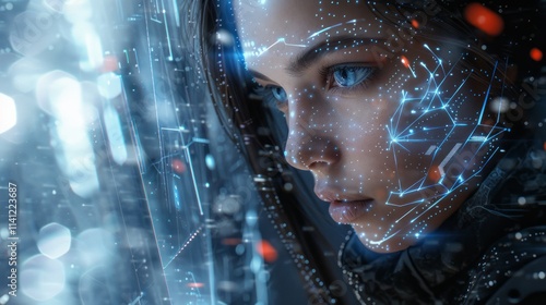 Wallpaper Mural Woman with digital face data overlay. Torontodigital.ca