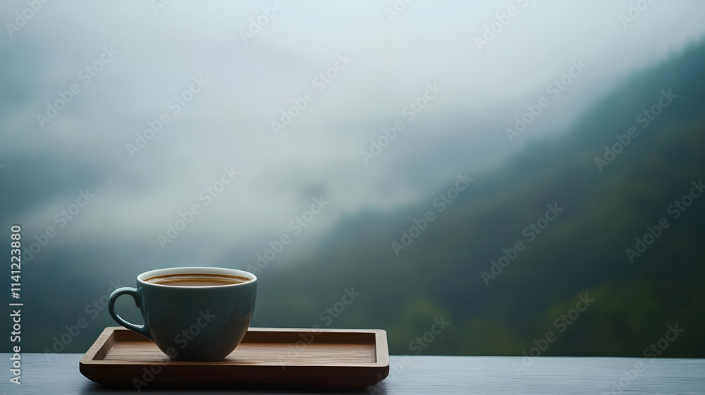 A single cup of coffee on a wooden tray with a clean white backdrop, creating a peaceful and calming aesthetic A single cup of coffee on a wooden tray with a clean white backdrop, creating a peaceful and calming aesthetic