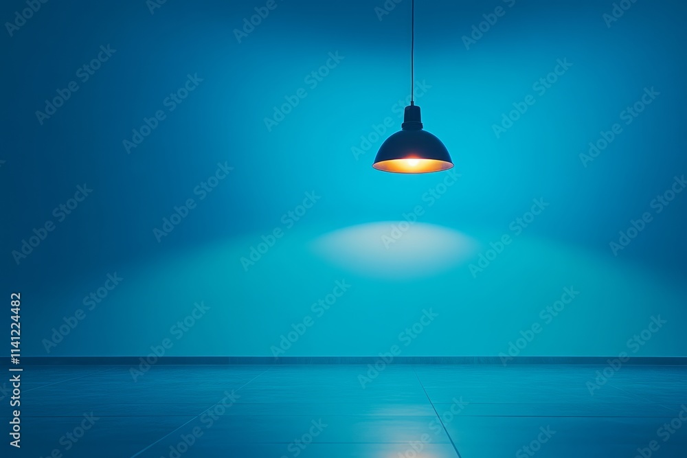 Single pendant lamp illuminating empty blue room. Single pendant lamp illuminating empty blue room.