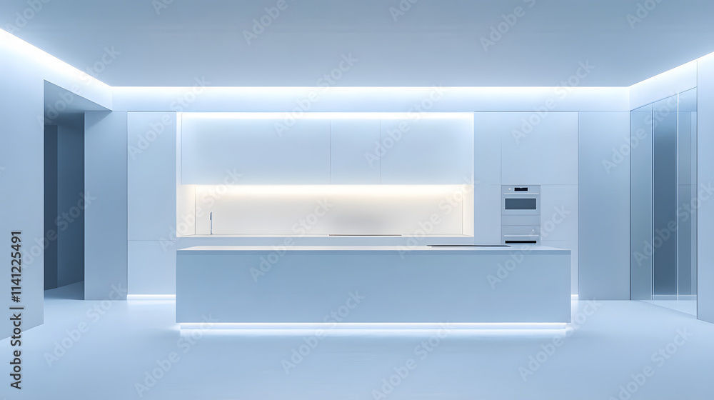 A clean white kitchen with soft lighting and no visible appliances, styled for a clutter-free aesthetic A clean white kitchen with soft lighting and no visible appliances, styled for a clutter-free aesthetic