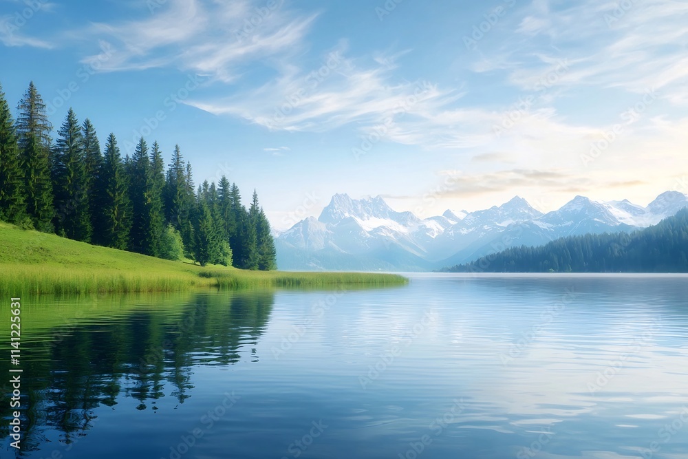 Tranquil alpine landscape with serene lake towering mountains and lush pine forest Tranquil alpine landscape with serene lake towering mountains and lush pine forest