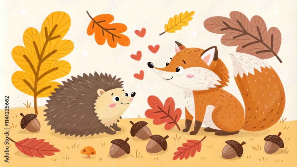 Fototapeta premium Adorable hedgehog and fox sharing a playful moment in autumn