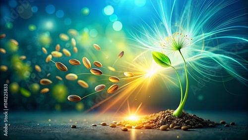 Seed dispersal  A radiant plant seedling emerges, scattering seeds in a burst of vibrant energy and light.