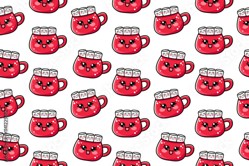 Christmas seamless pattern with illustration of vector outline cute kawaii red coffee cup, mug with marshmallow on isolated background