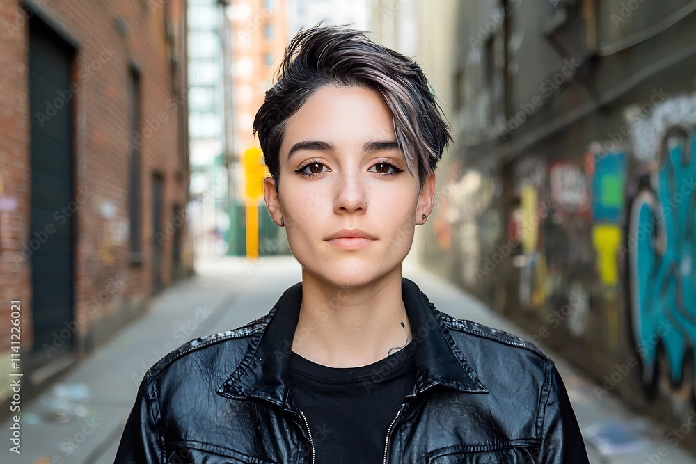 Expressive Nonbinary Portrait with Bold Brushstrokes and Textured Urban Backdrop